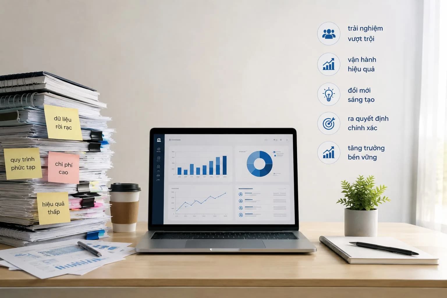 Bàn làm việc với chồng hồ sơ giấy và báo cáo trên laptop
